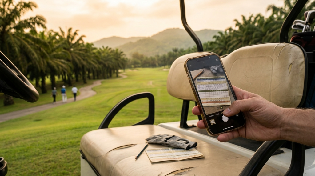 Golfer fotografiert seine Papier-Scorekarte mit dem Smartphone auf einem Golfcart, tropischer Golfplatz in Thailand im Hintergrund